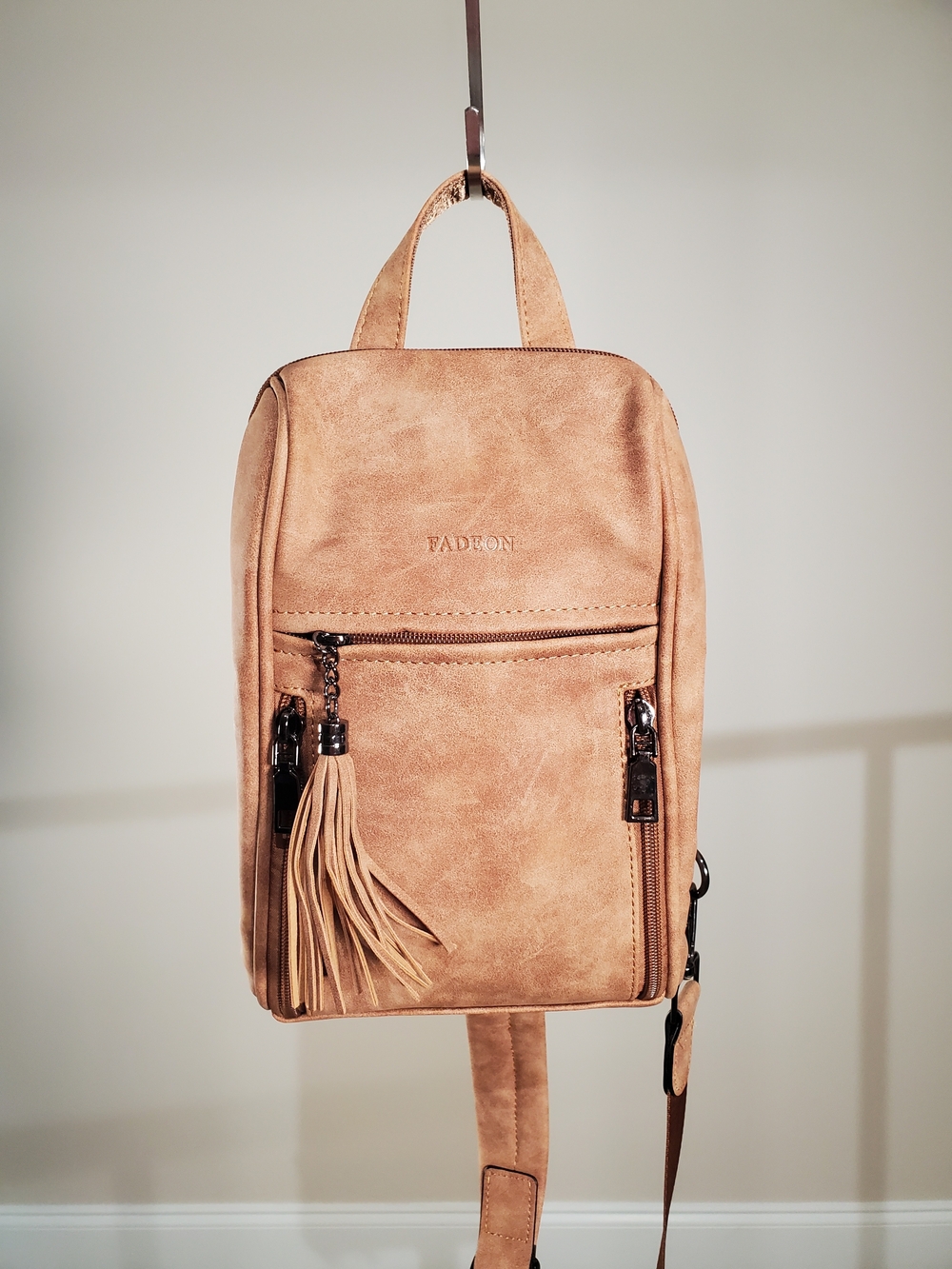 FADEON Tan Faux Leather Sling Backpack Purse with Tassel